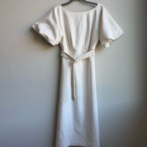 Ann Taylor Belted Puff Sleeve Sheath Office Career Midi Cream Dress Size 4 Small